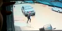 Lady runs under the motorcycle and probably