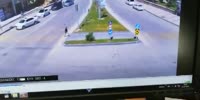 Man run over by little blue car!