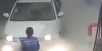 The Chinese man told the gas station employees that the car was on fire, but the fog lights were on!