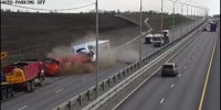 Truck Destroys Itself by Crashing Into Other Trucks