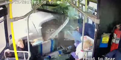 Pickup plows through bus full speed.