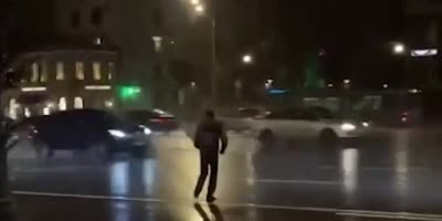 Psycho With Paper Shield Hit By Car In The Center Of Moscow