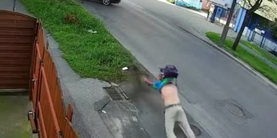 Biker does epic somersaults after smashing into a car(R)