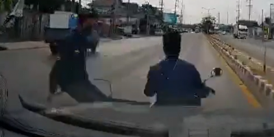 Speeding guy slams into a scooter pooper.