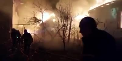 Firefighters fighting huge blaze after strike at Zhytomyr.