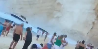 Landslide On The Busy Beach In Greece