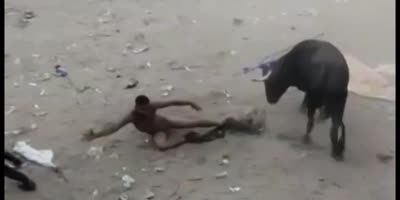 Extended version of naked man getting the bull's horn.