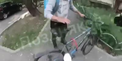 Biker Assaults Delivery Cyclist For Breaking Traffic Rules IN Russia