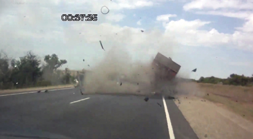 Explosive Head-on Truck Crash Vaporizes Car Driver