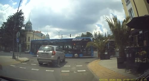 Car gets hit by a bus in Bulgaria