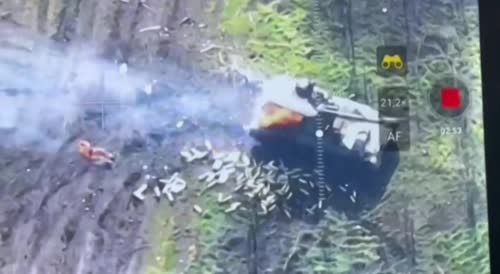 Burning Soldier Hatched from a Destroyed Self-Propelled Howitzer