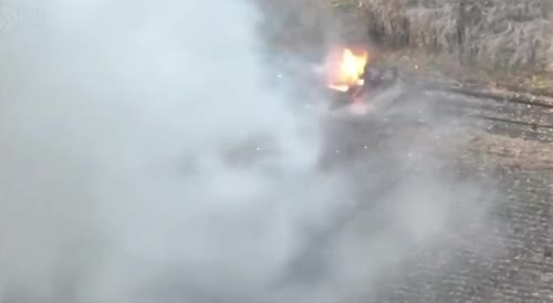 T-72 tank is destroyed after it drives over an AT mine barrier