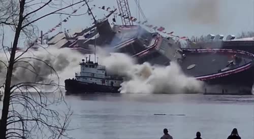 USS Cleveland Hits Tug During Side-Launch