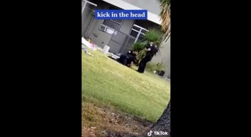 Cop Detains A Suspect, Suddenly Fellow Officer Runs in and Soccer Punts the Handcuffed Man's Face
