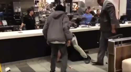 Security gets beaten in a fast food