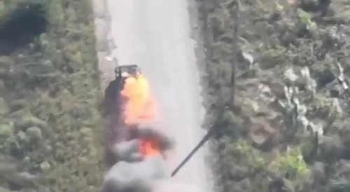 Kamikaze drone set truck and soldiers on fire