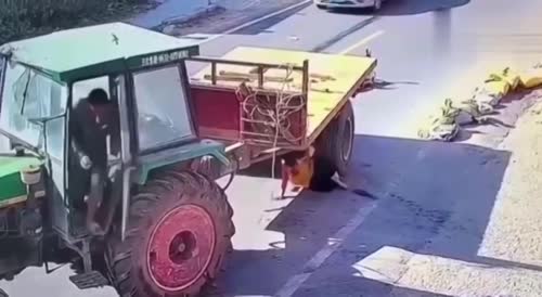 Tractor hits motorcyclist and runs him over unknowingly(repost)