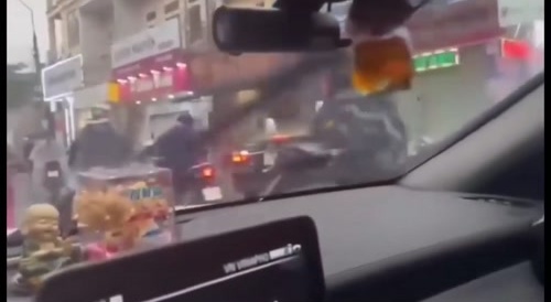 Out of control car smashes into dude on scooter.
