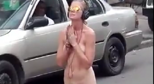 Naked White Lady in Middle of Street in Africa