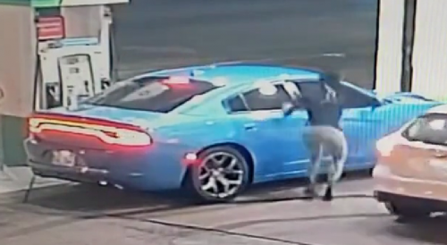 A customer at gas station has left her car running and a man jumps in and steals it