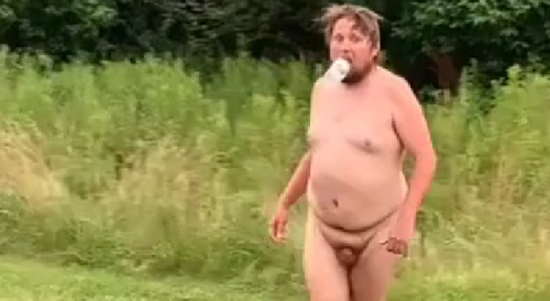 Oswego County, NY - Butt naked man walks on side of highway with an empty water bottle in his mouth