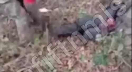 Russian soldier plays with the corpse of a Ukrainian and throws his own boot at him