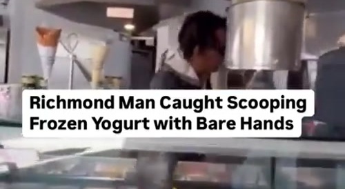 Druggie stealing frozen yogurt with barehands