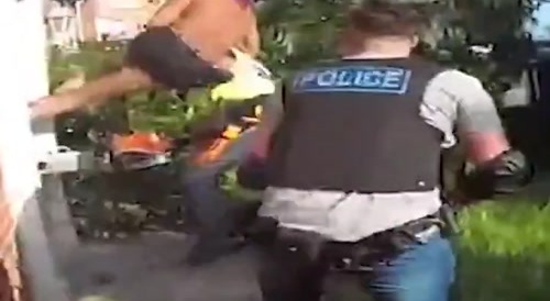 Guy jumps into a chainsaw to escape police