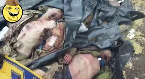 Many Ukrainian militant corpses in bags, to the Ukrainian anthem.