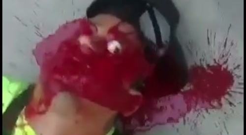 Guy gets shot, spills blood like a fountain