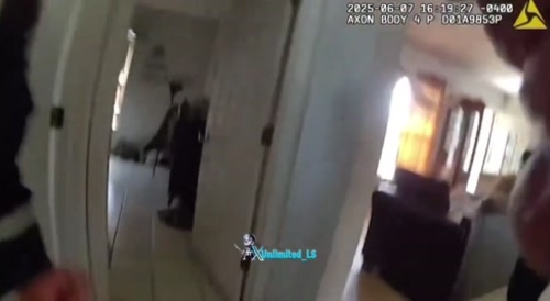 Thug charges at police