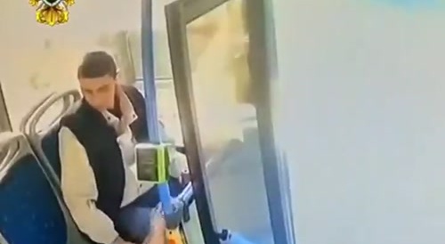 Bus door traps furious man's arm & pushes leg away... !