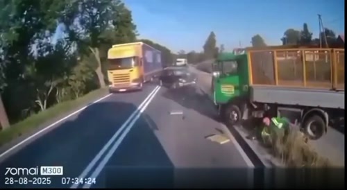 Car crosses double line & hits lorry...
