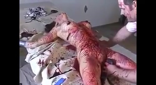 Bloody : tied-up woman is repeatedly shot in her pussy... !