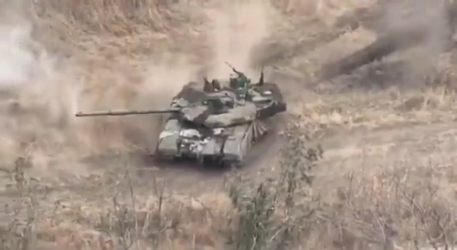 Tank hits a mine during combat