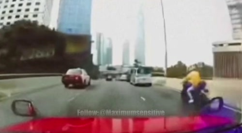 Motorcycle gets under the car