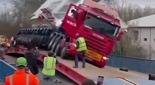 Truck almost topples over