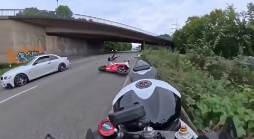 Biker crashes into another of which crashes into another