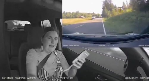 Girl runs off the road while texting