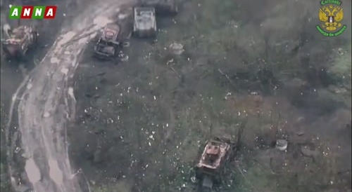 flyover battlefield showing destroyed vehicles