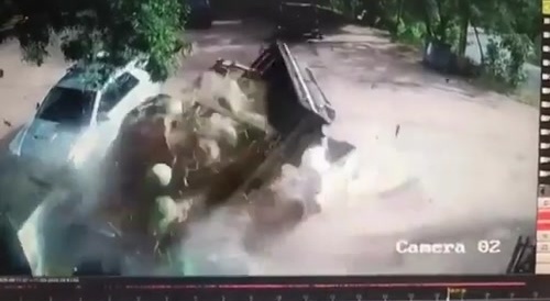Outta Control Truck Plows Into Pickup Truck