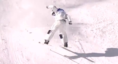 Skier still finishes entering the finish line backwards