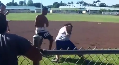 Two Dudes Fight It Out On A Baseball Field