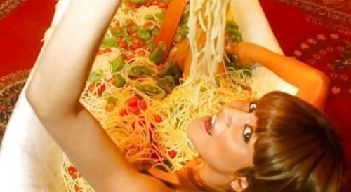 inside the bathtub full of noodles