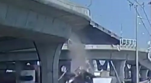 Cement Truck Falls Off Bridge