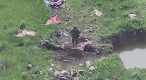 A russian soldier is blown up by a mine