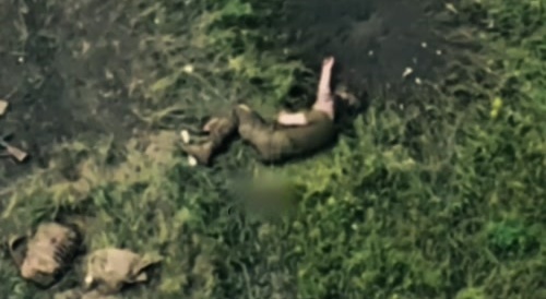 A wounded Ukrainian is being finished off by a drone.